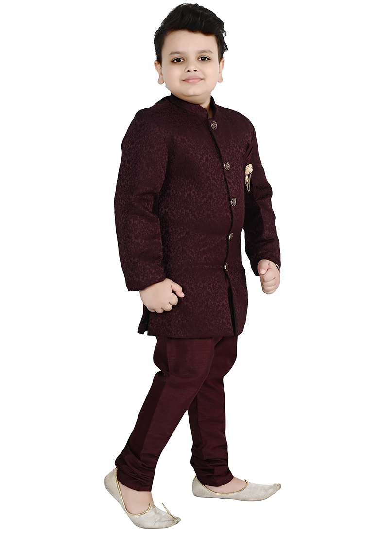 Maroon Self Design Jacquard Kurta Set For Boys - Indya