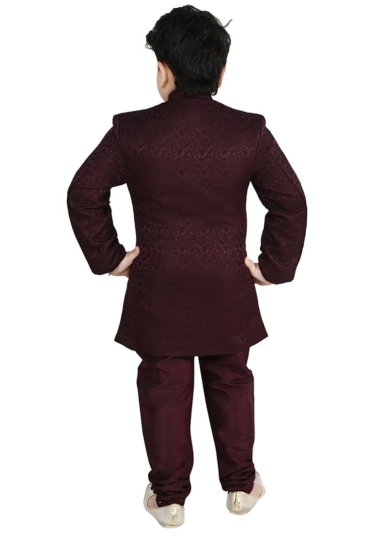 Maroon Self Design Jacquard Kurta Set For Boys - Indya