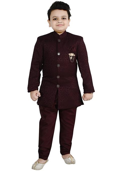 Maroon Self Design Jacquard Kurta Set For Boys