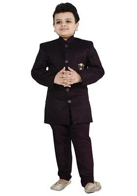 Wine Self Design Jacquard Kurta Set For Boys
