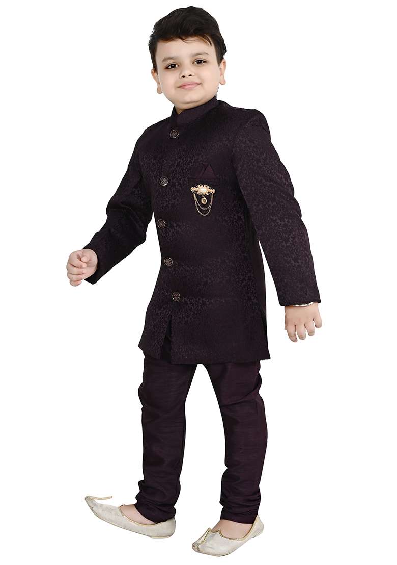 Wine Self Design Jacquard Kurta Set For Boys - Indya