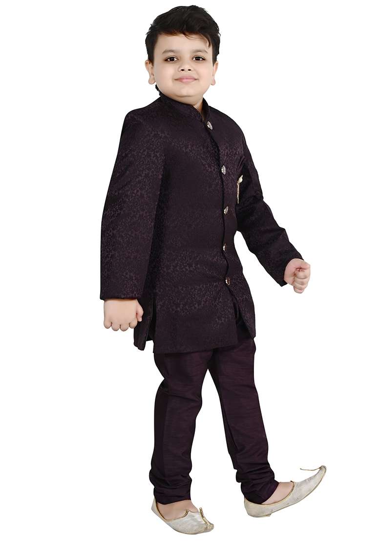 Wine Self Design Jacquard Kurta Set For Boys - Indya