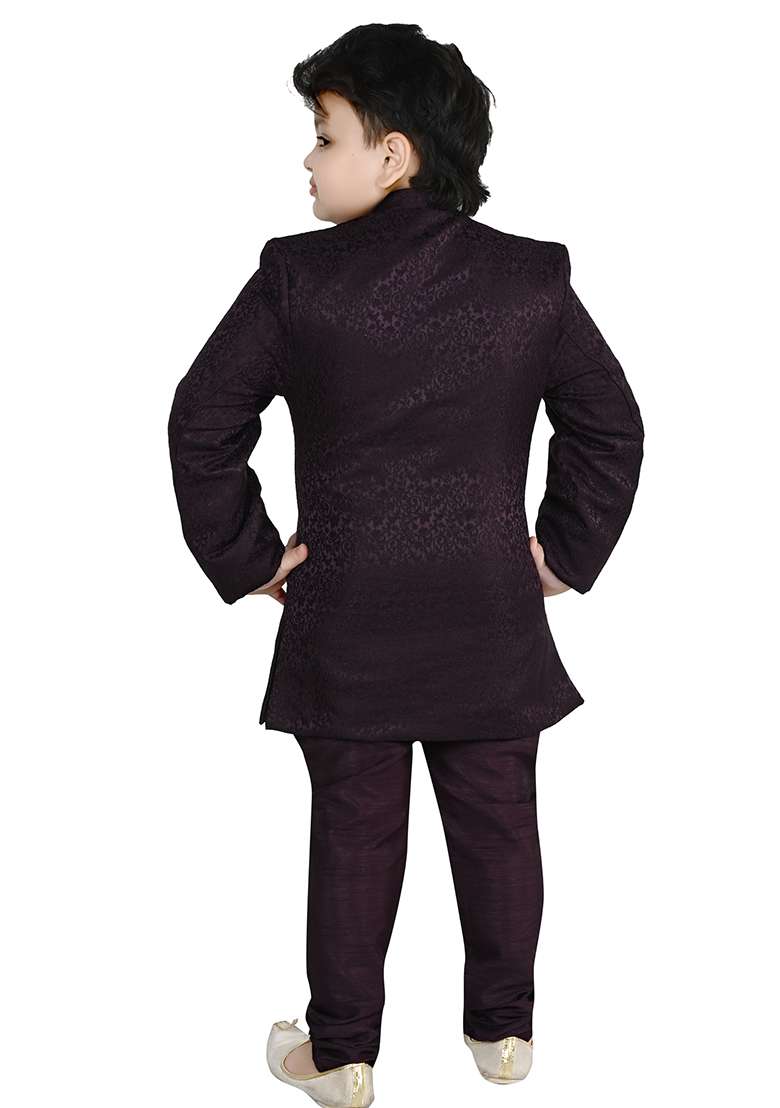 Wine Self Design Jacquard Kurta Set For Boys - Indya