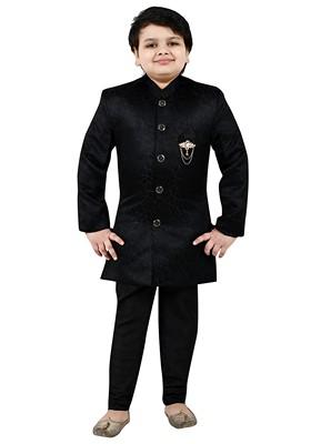 Black Self Design Jacquard Kurta Set For Boys