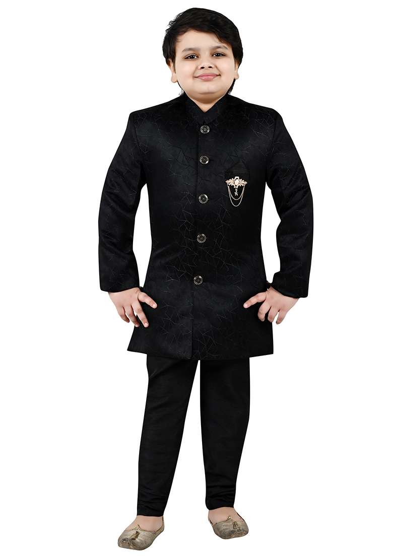Black Self Design Jacquard Kurta Set For Boys - Indya