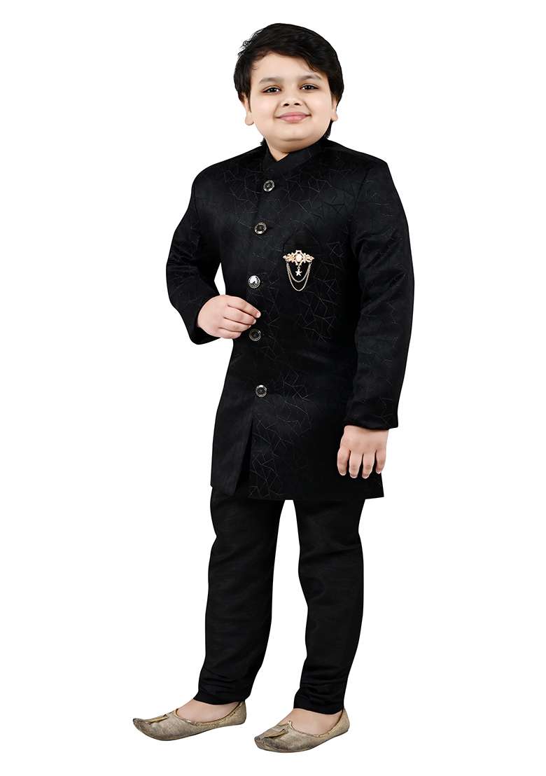 Black Self Design Jacquard Kurta Set For Boys - Indya