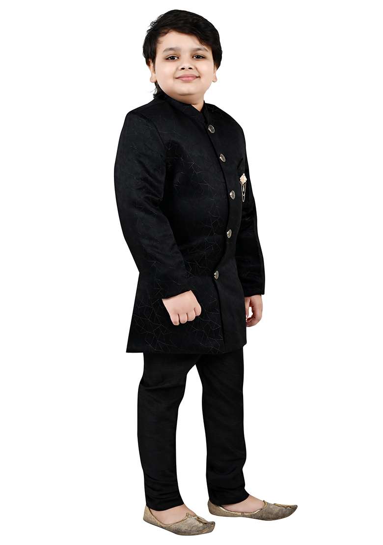 Black Self Design Jacquard Kurta Set For Boys - Indya