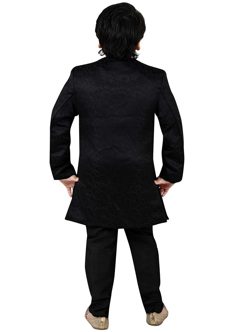 Black Self Design Jacquard Kurta Set For Boys - Indya