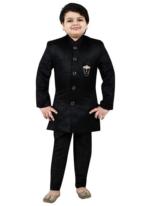 Black Self Design Jacquard Kurta Set For Boys