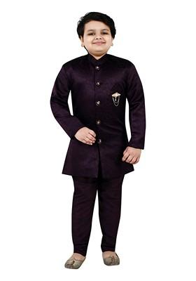 Wine Self Design Jacquard Kurta Set For Boys