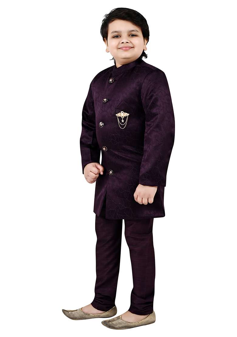 Wine Self Design Jacquard Kurta Set For Boys - Indya