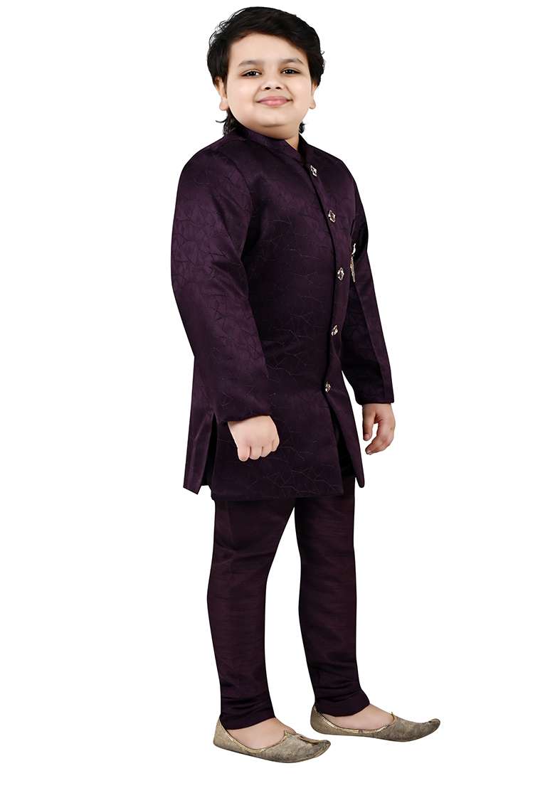 Wine Self Design Jacquard Kurta Set For Boys - Indya