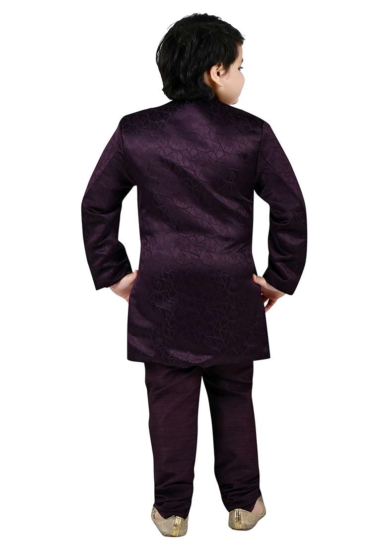 Wine Self Design Jacquard Kurta Set For Boys - Indya
