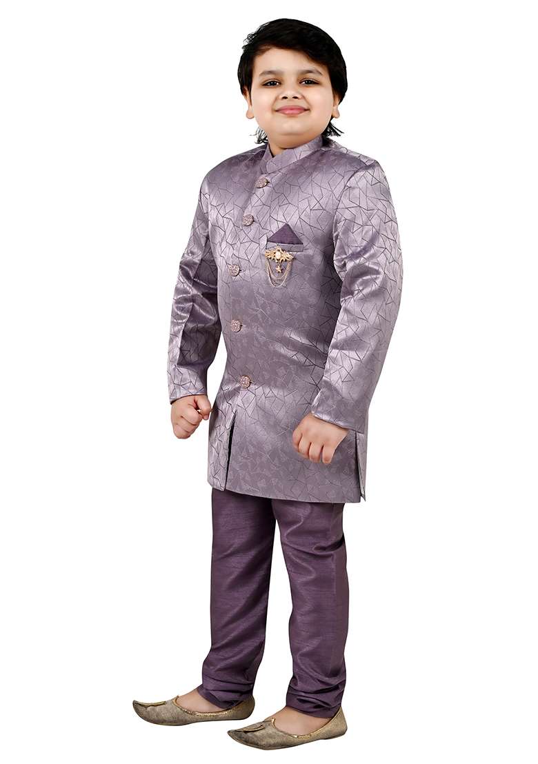 Lavender Self Design Jacquard Kurta Set For Boys - Indya