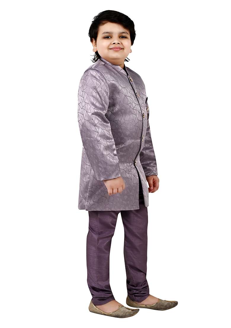 Lavender Self Design Jacquard Kurta Set For Boys - Indya