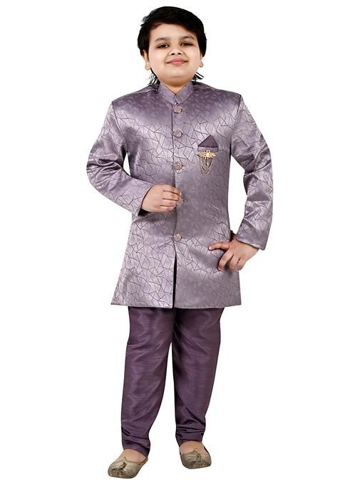 Lavender Self Design Jacquard Kurta Set For Boys