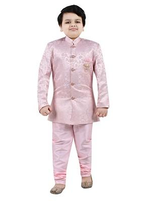 Pink Self Design Jacquard Kurta Set For Boys