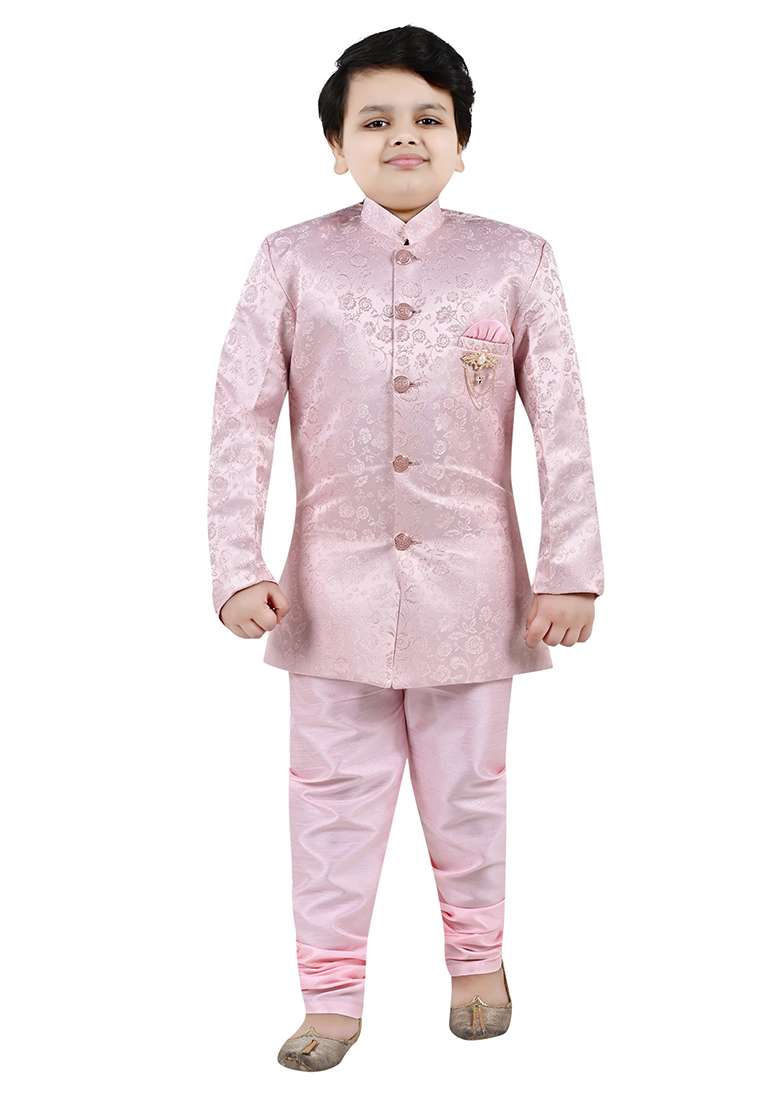 Pink Self Design Jacquard Kurta Set For Boys - Indya