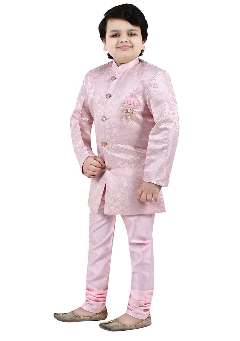 Pink Self Design Jacquard Kurta Set For Boys - Indya
