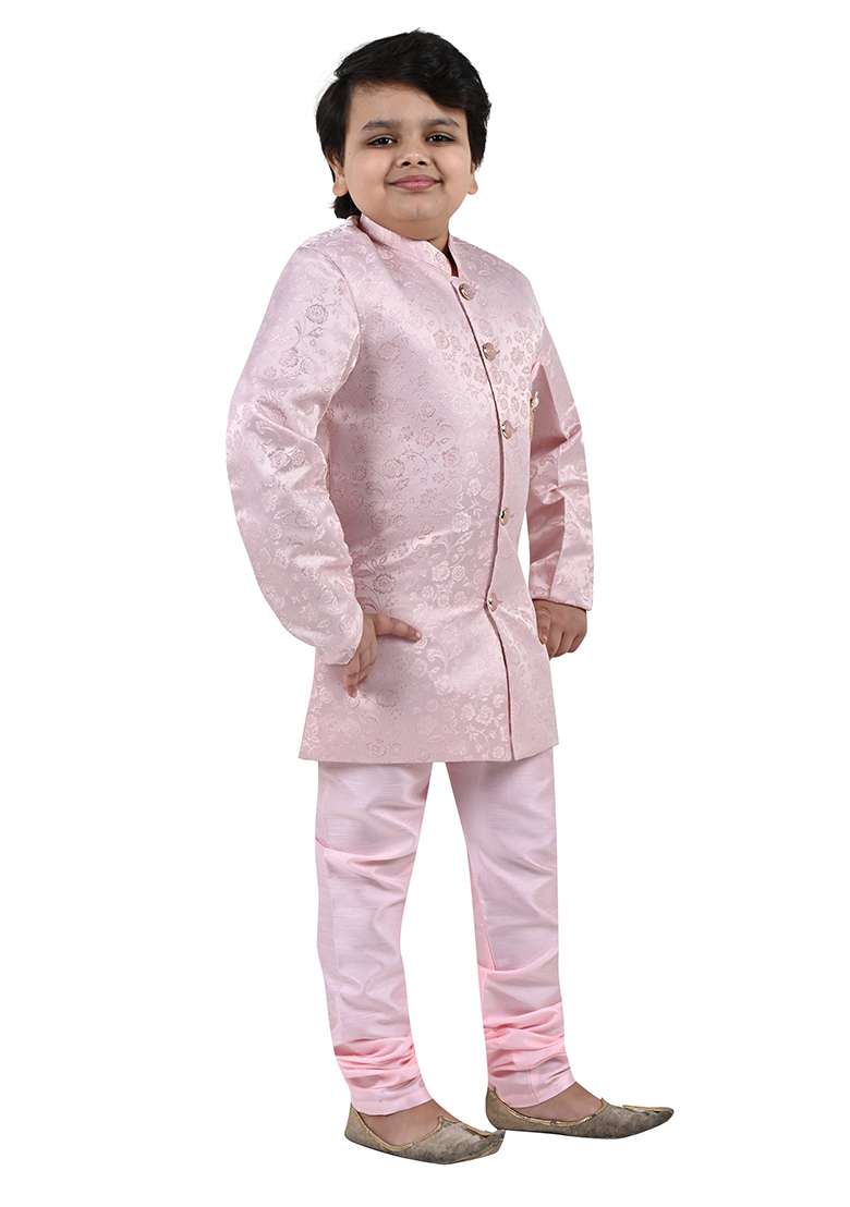 Pink Self Design Jacquard Kurta Set For Boys - Indya