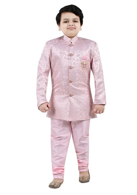Pink Self Design Jacquard Kurta Set For Boys