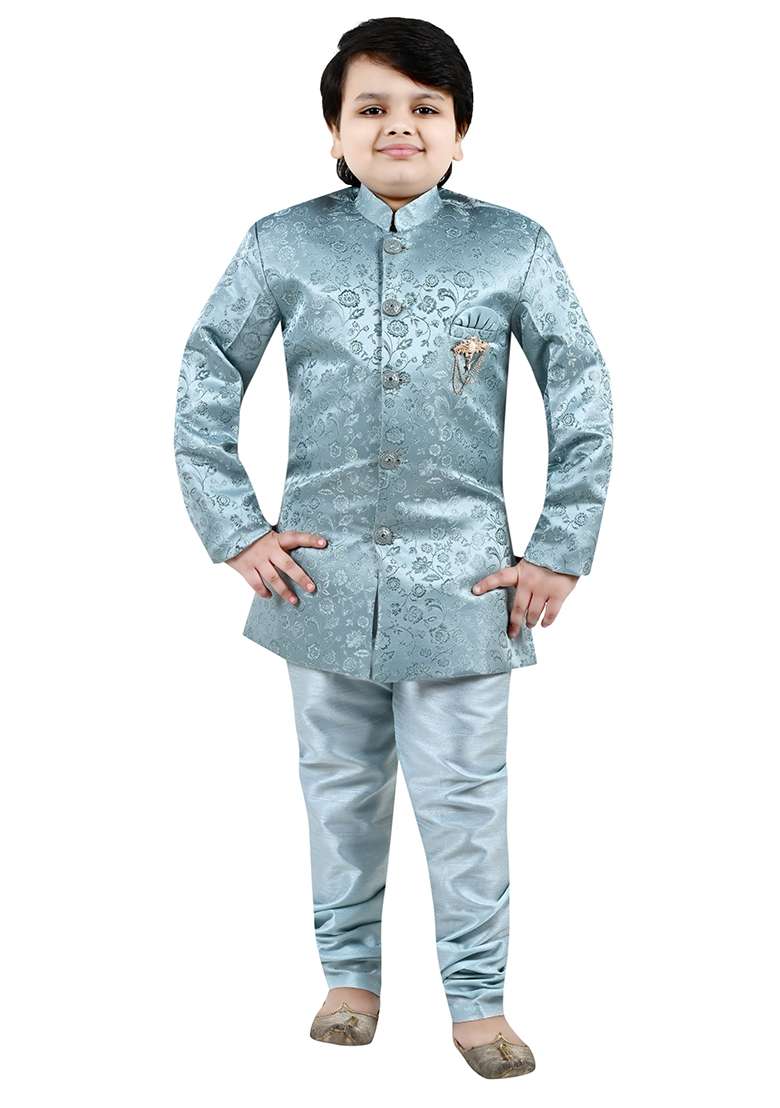 Green Self Design Jacquard Kurta Set For Boys - Indya