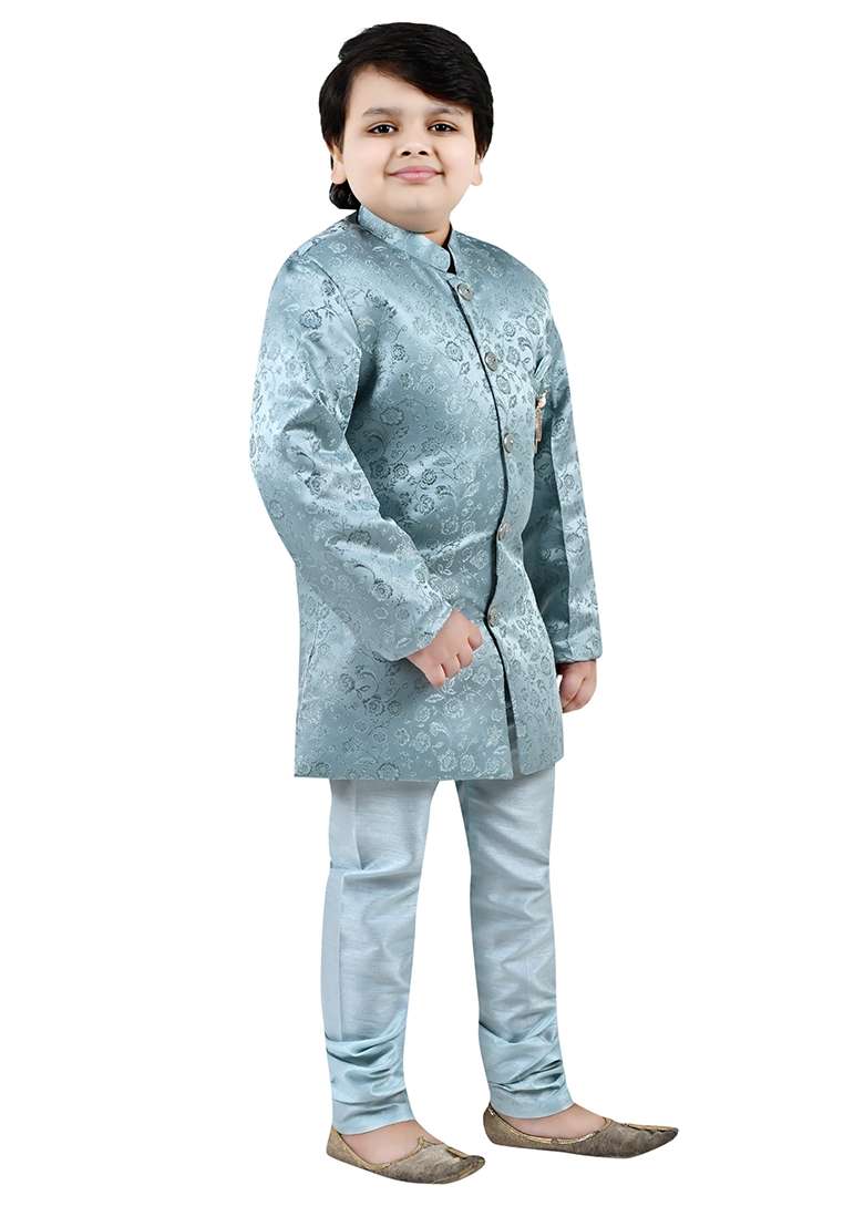 Green Self Design Jacquard Kurta Set For Boys - Indya