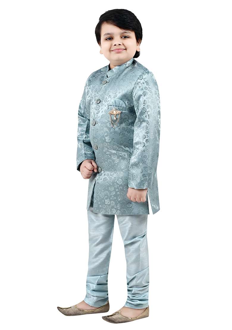 Green Self Design Jacquard Kurta Set For Boys - Indya