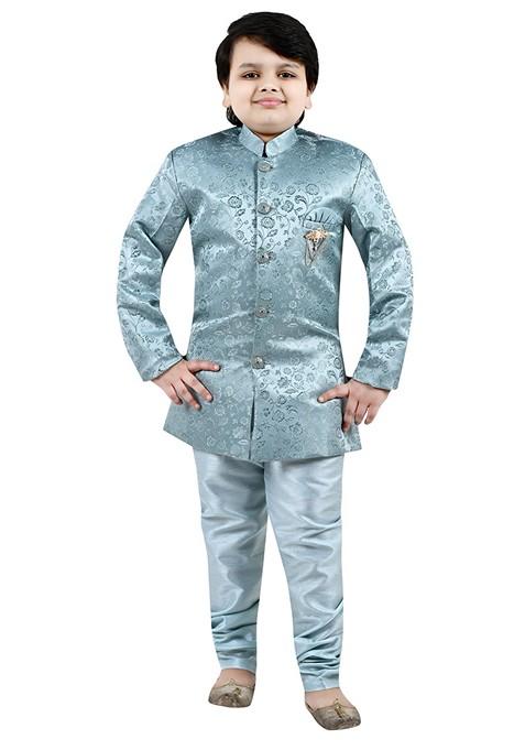 Green Self Design Jacquard Kurta Set For Boys
