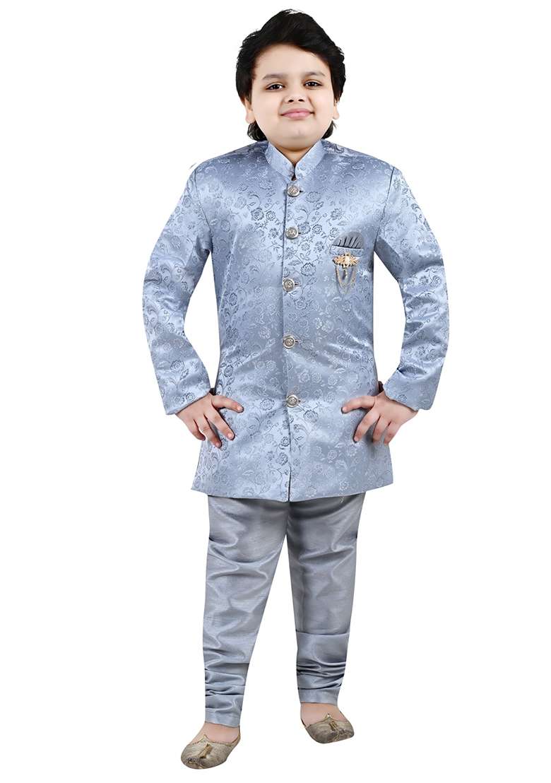 Grey Self Design Jacquard Kurta Set For Boys - Indya