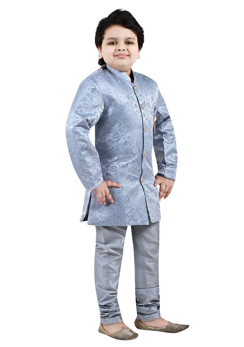 Grey Self Design Jacquard Kurta Set For Boys - Indya