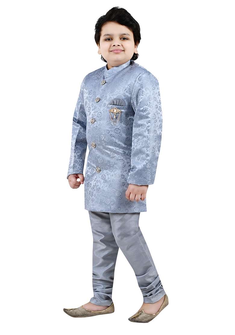 Grey Self Design Jacquard Kurta Set For Boys - Indya