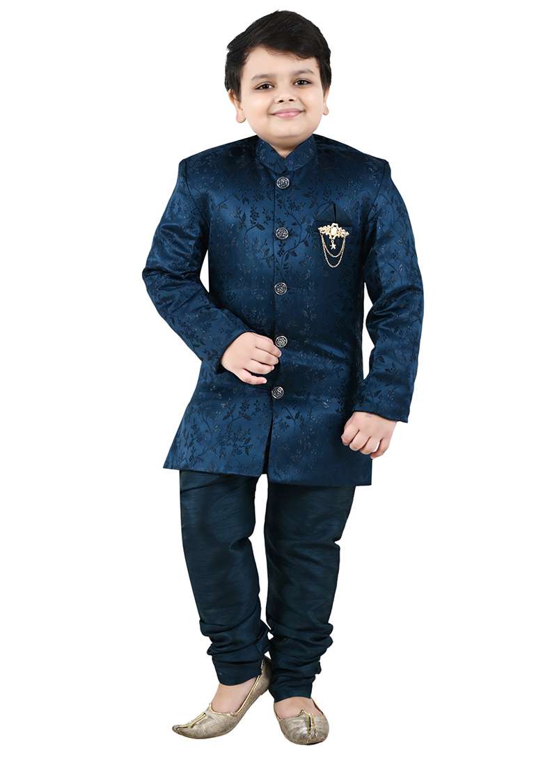 Blue Self Design Jacquard Kurta Set For Boys - Indya