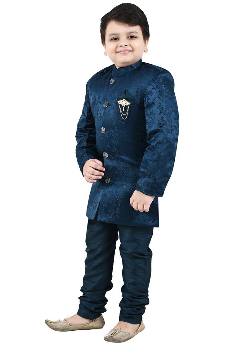 Blue Self Design Jacquard Kurta Set For Boys - Indya