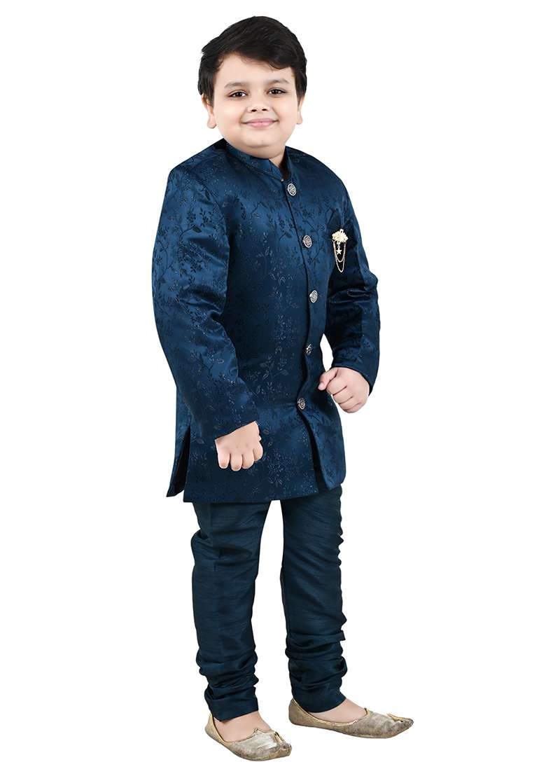 Blue Self Design Jacquard Kurta Set For Boys - Indya