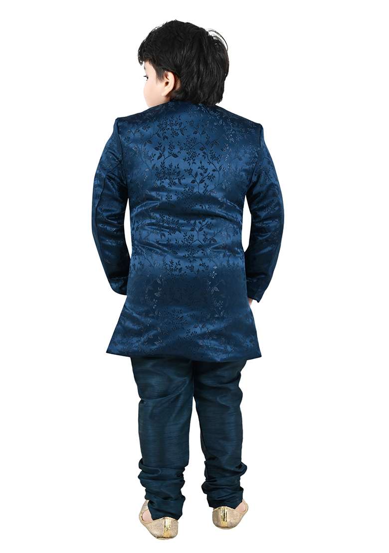Blue Self Design Jacquard Kurta Set For Boys - Indya