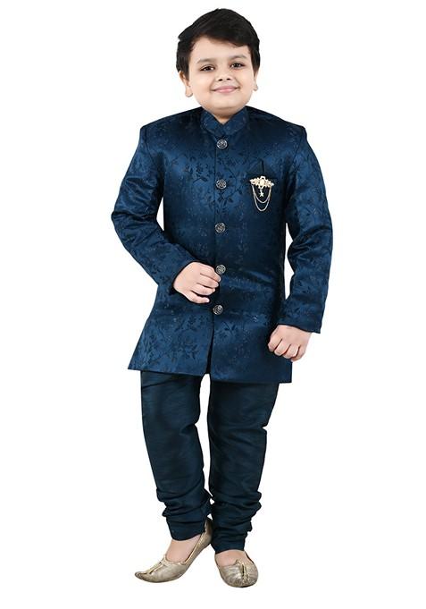 Blue Self Design Jacquard Kurta Set For Boys