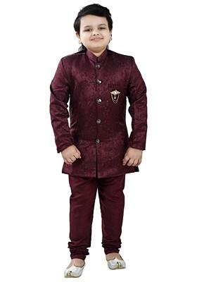 Maroon Self Design Jacquard Kurta Set For Boys