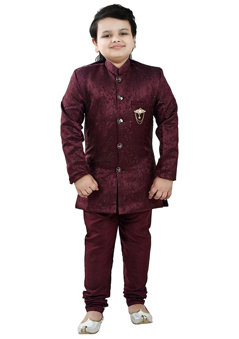 Maroon Self Design Jacquard Kurta Set For Boys - Indya