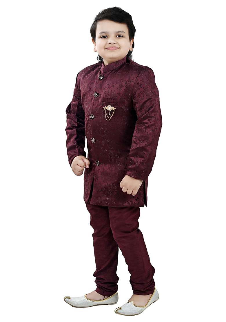 Maroon Self Design Jacquard Kurta Set For Boys - Indya