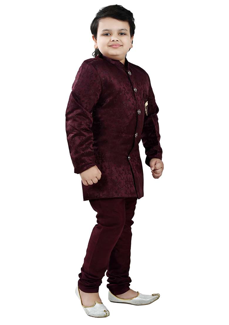 Maroon Self Design Jacquard Kurta Set For Boys - Indya