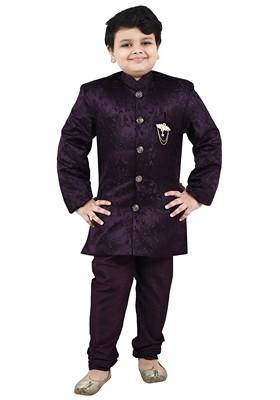 Wine Self Design Jacquard Kurta Set For Boys