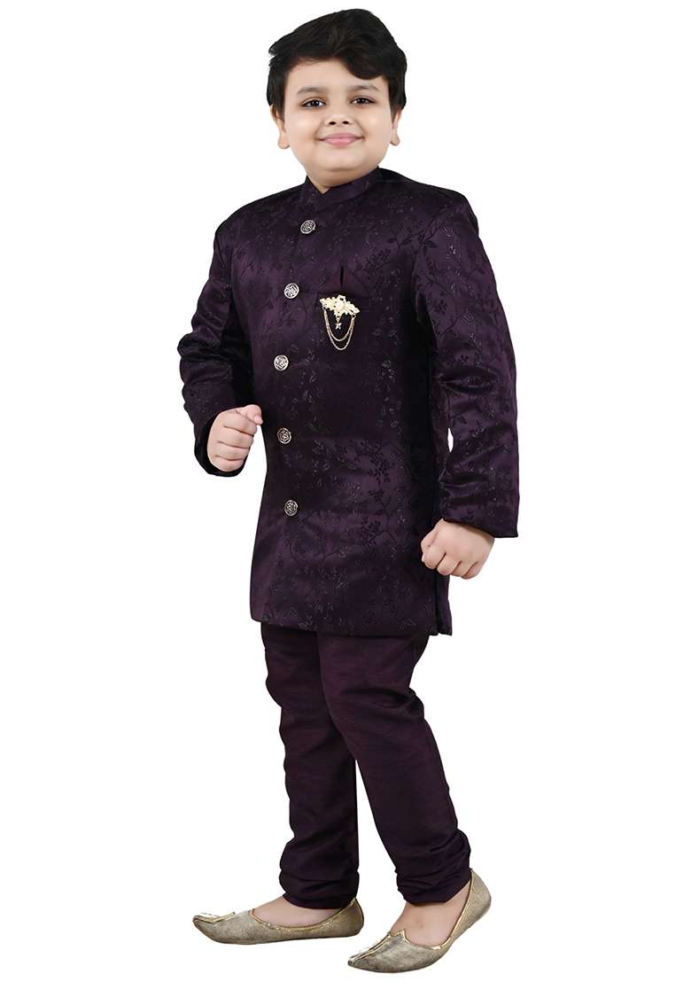 Wine Self Design Jacquard Kurta Set For Boys - Indya