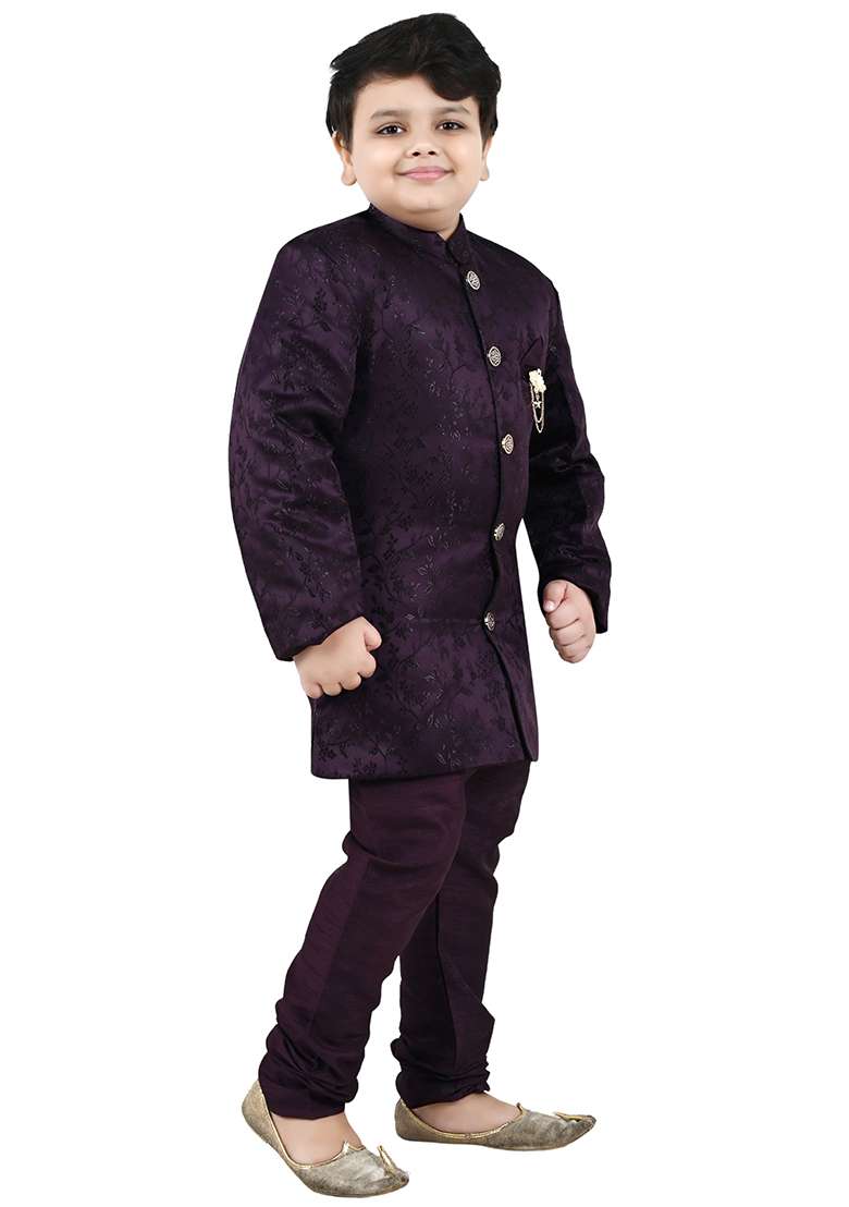 Wine Self Design Jacquard Kurta Set For Boys - Indya