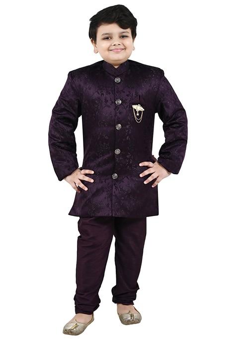 Wine Self Design Jacquard Kurta Set For Boys