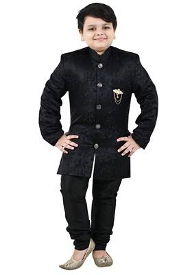 Black Self Design Jacquard Kurta Set For Boys