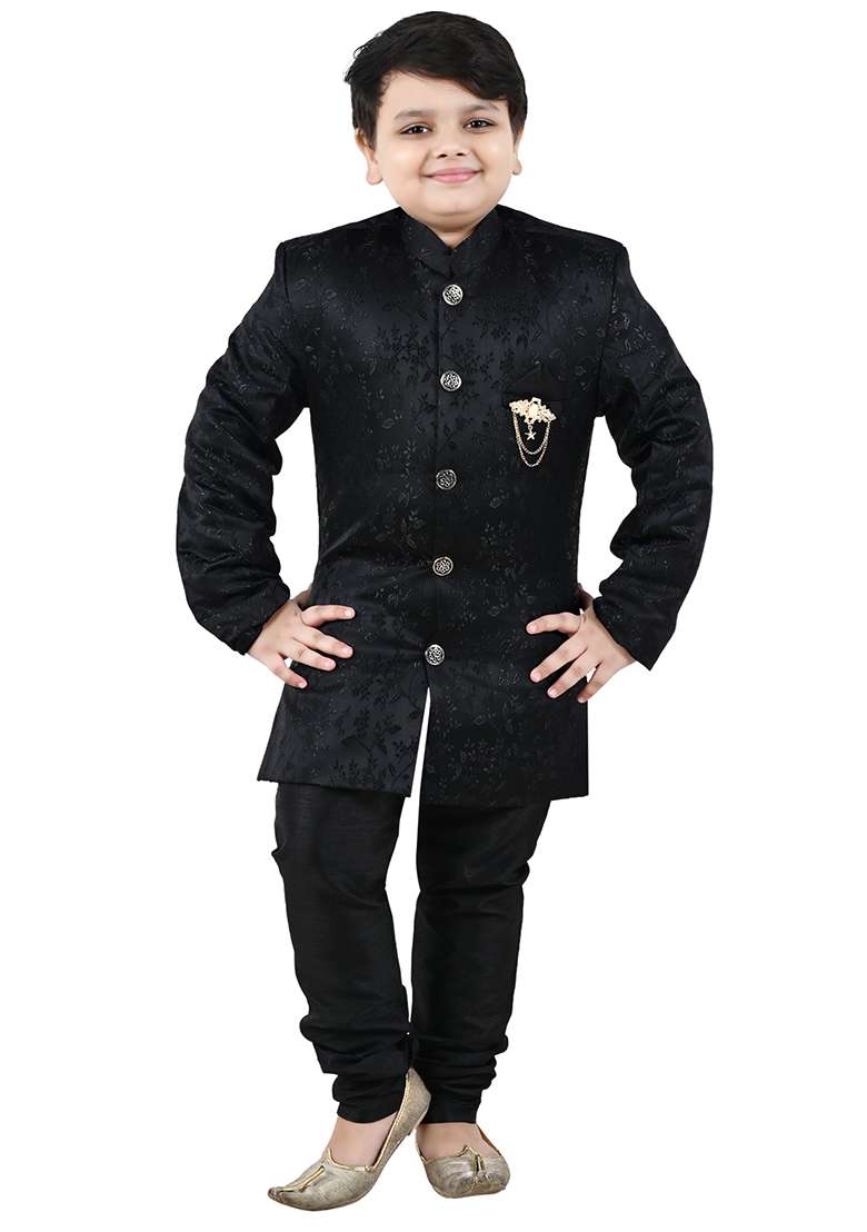 Black Self Design Jacquard Kurta Set For Boys - Indya