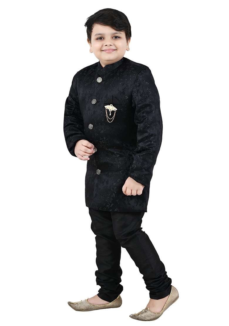 Black Self Design Jacquard Kurta Set For Boys - Indya