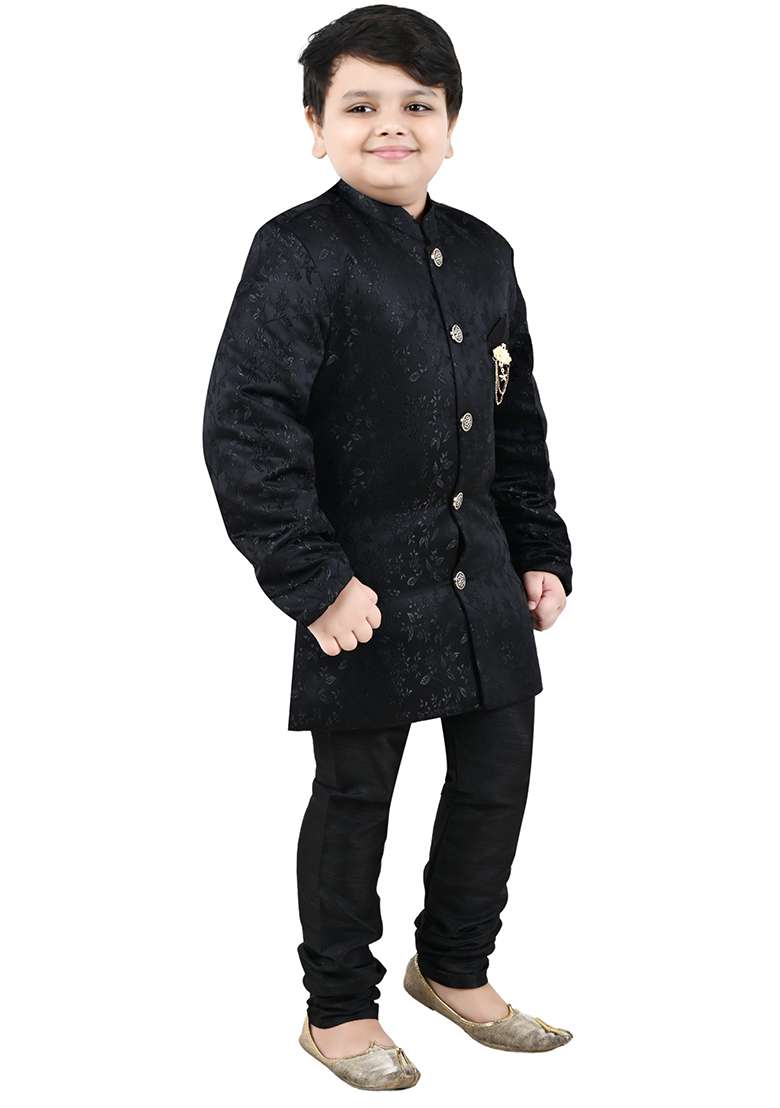 Black Self Design Jacquard Kurta Set For Boys - Indya