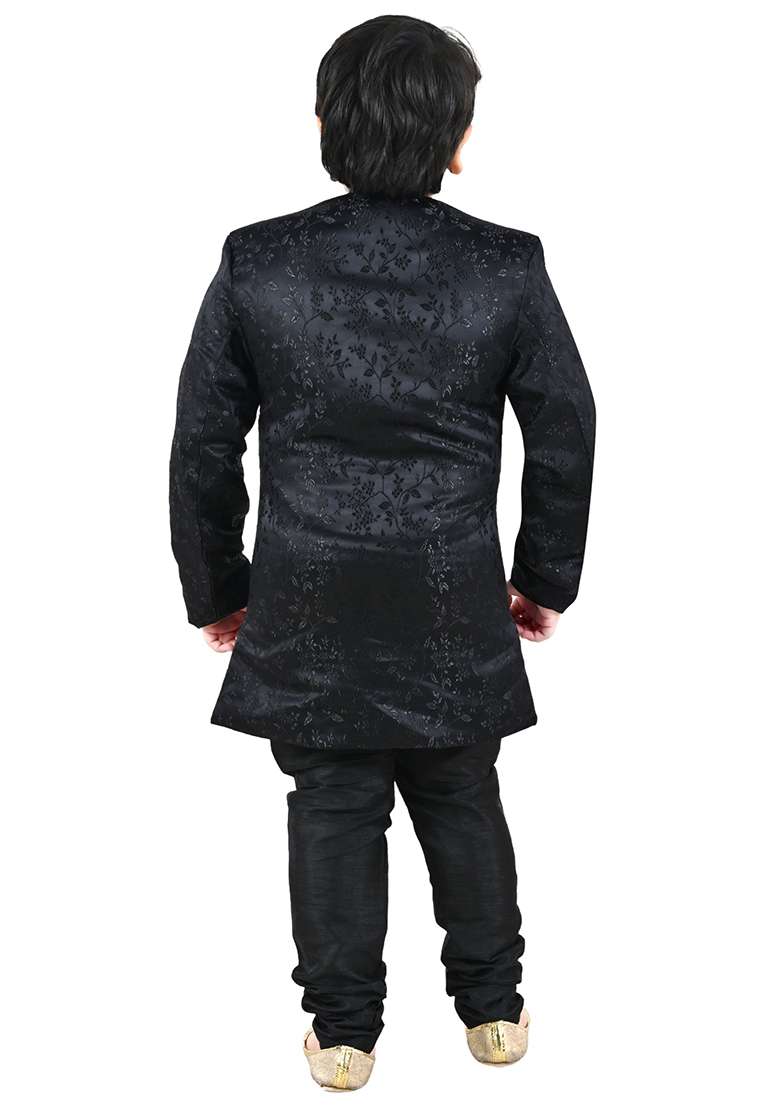 Black Self Design Jacquard Kurta Set For Boys - Indya